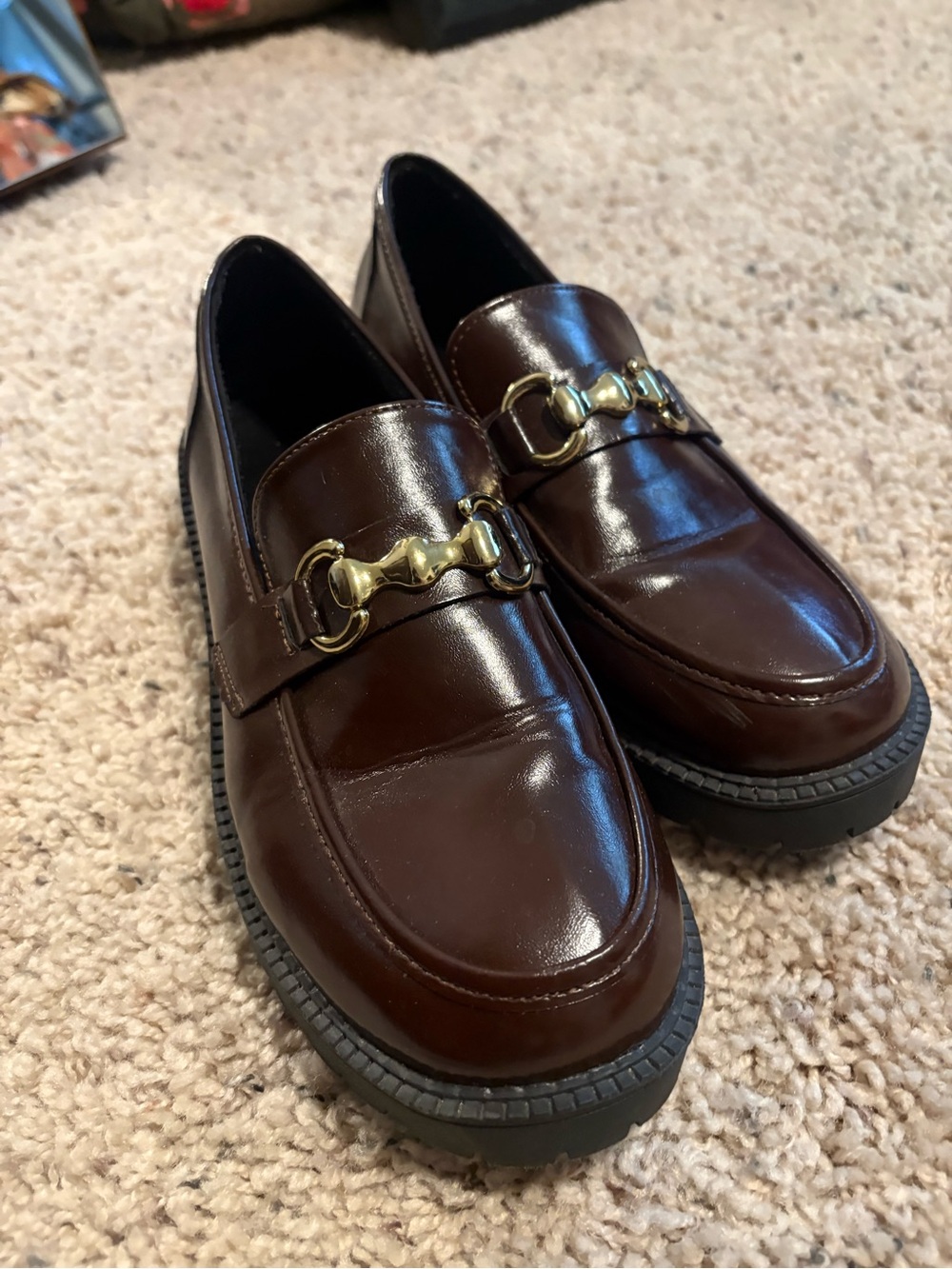 Women's Brown Faux Leather Loafers with Gold Hardware